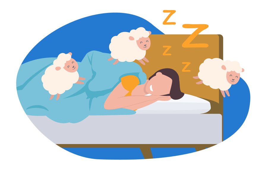 Pessoa a dormir satisfeita rodeada de carneiros